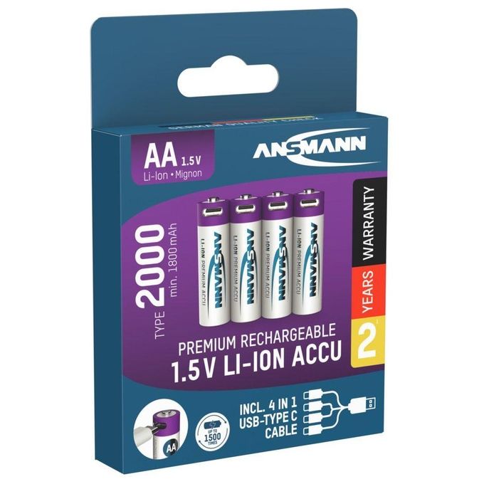 Ansmann Lithium Akku Mignon AA 1800mAh  Cable 4 Pezzi