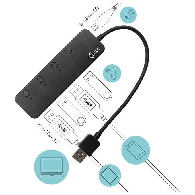 I-Tec U3CHARGEHUB4 Usb 3.0 Metal Hub 4 Porte con Switch Individuale On-Off