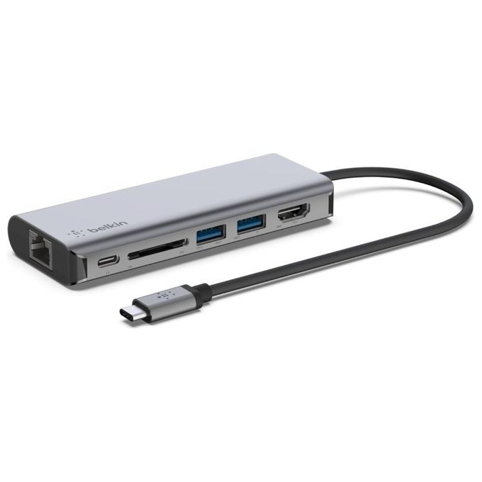 Belkin AVC008BTSGY Hub Multimediale 6 in 1 USB-C con HDMI 4K USB 3.2 Gen 1 Ethernet Gigabit Lettore SD Ricarica Passante 100 W colore Grigio