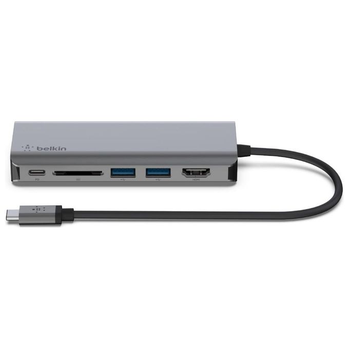 Belkin AVC008BTSGY Hub Multimediale 6 in 1 USB-C con HDMI 4K USB 3.2 Gen 1 Ethernet Gigabit Lettore SD Ricarica Passante 100 W colore Grigio