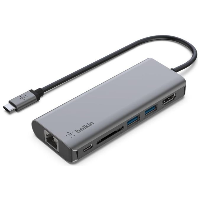 Belkin AVC008BTSGY Hub Multimediale 6 in 1 USB-C con HDMI 4K USB 3.2 Gen 1 Ethernet Gigabit Lettore SD Ricarica Passante 100 W colore Grigio