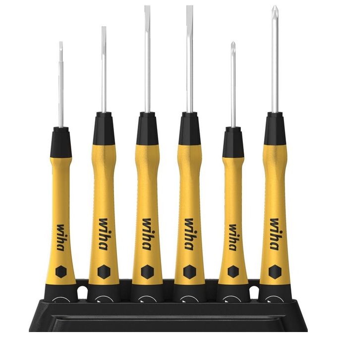 Wiha 43707 PicoFinish ESD Set di cacciaviti di precisione 6 pezzi PH 00 PH 0 Slot 0.3x1.5 0.4x2 0.4x2.5 0.5x3 impugnatura ergonomica cappuccio rotante conforme IEC 61340-5-1 colore Giallo Nero