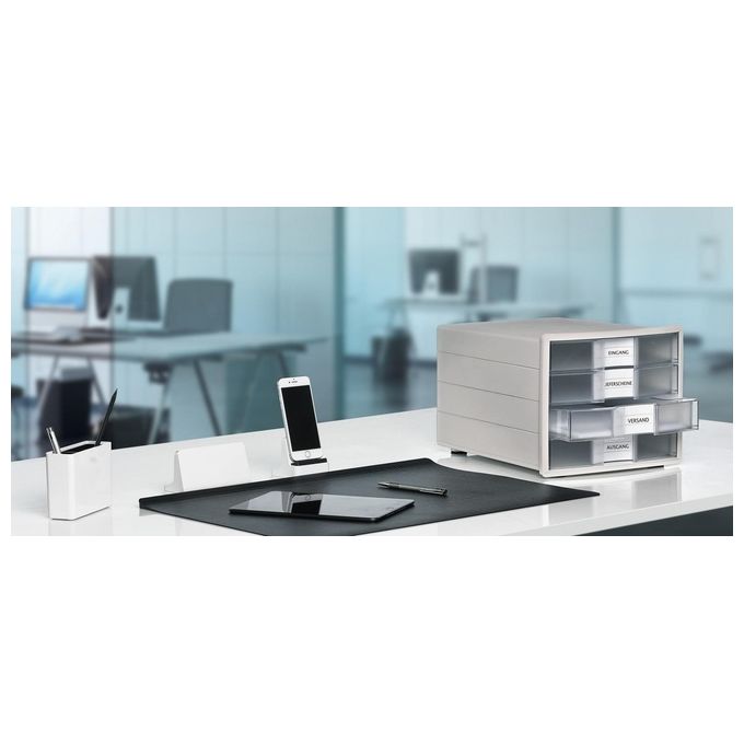 HAN 1012-63 Impuls Cassettiera da Scrivania 4 Cassetti per Documenti A4-C4 con Fondo Chiuso e Piedini Antiscivolo colore Grigio Chiaro-Traslucido