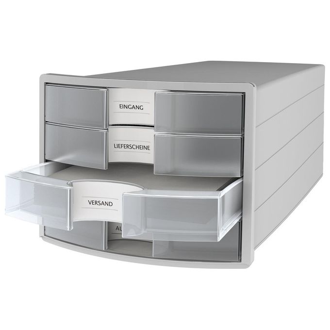HAN 1012-63 Impuls Cassettiera da Scrivania 4 Cassetti per Documenti A4-C4 con Fondo Chiuso e Piedini Antiscivolo colore Grigio Chiaro-Traslucido