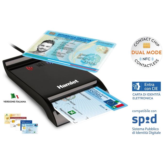Hamlet HUSCR-NFC Lettore Smart Card USB Contactless NFC CIE 3.0 CRS CNS Firma Digitale Plug and Play colore Nero