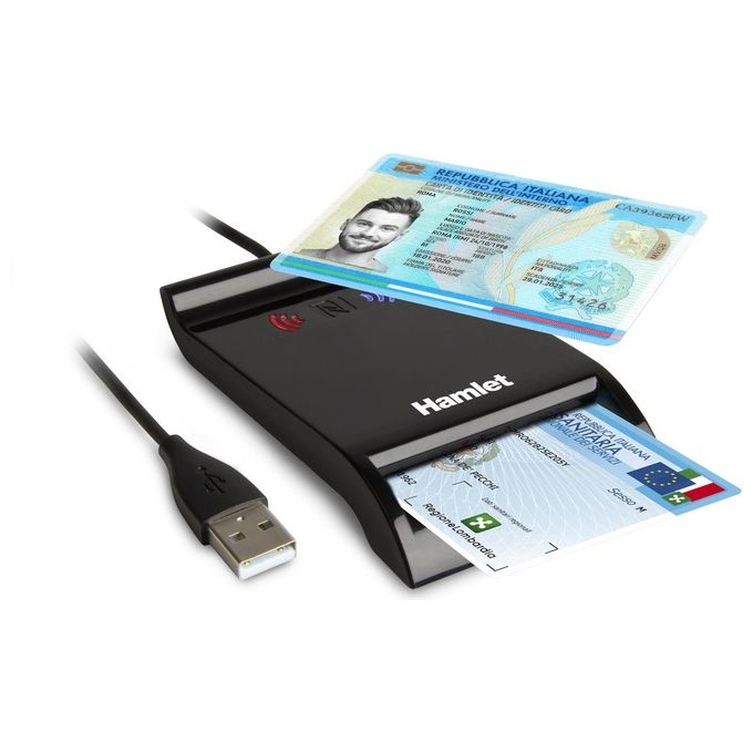 Hamlet HUSCR-NFC Lettore Smart Card USB Contactless NFC CIE 3.0 CRS CNS Firma Digitale Plug and Play colore Nero