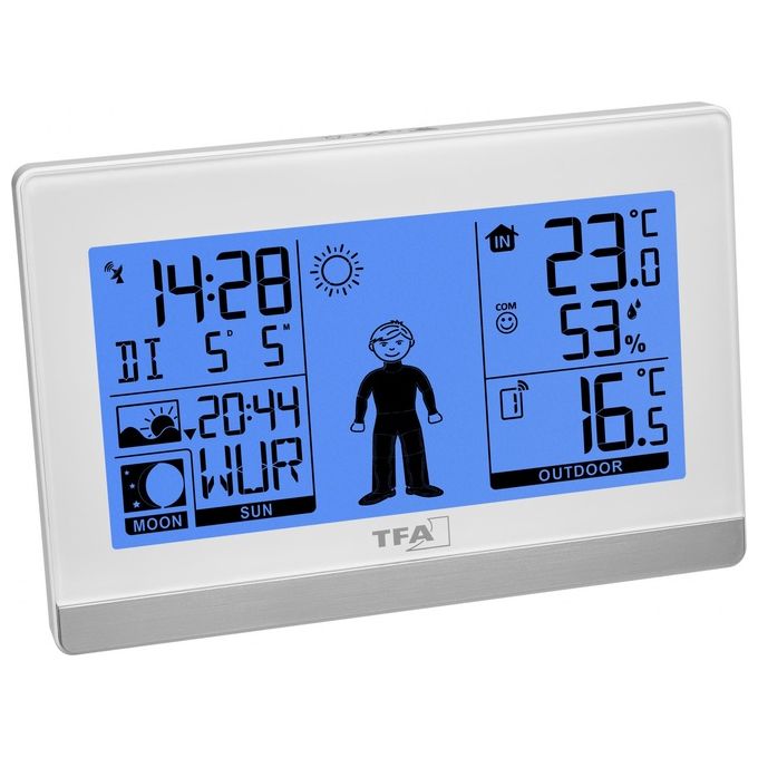 TFA 35.1159.02 Weather Boy Stazione Meteo Radiocontrollata Digitale Sensore Esterno 433 MHz Fasi Lunari Alba Tramonto colore Bianco