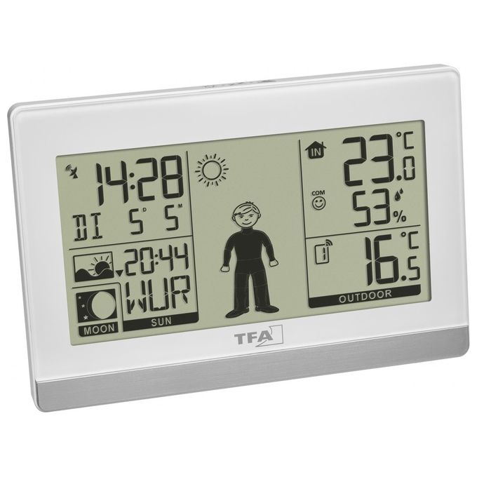 TFA 35.1159.02 Weather Boy Stazione Meteo Radiocontrollata Digitale Sensore Esterno 433 MHz Fasi Lunari Alba Tramonto colore Bianco