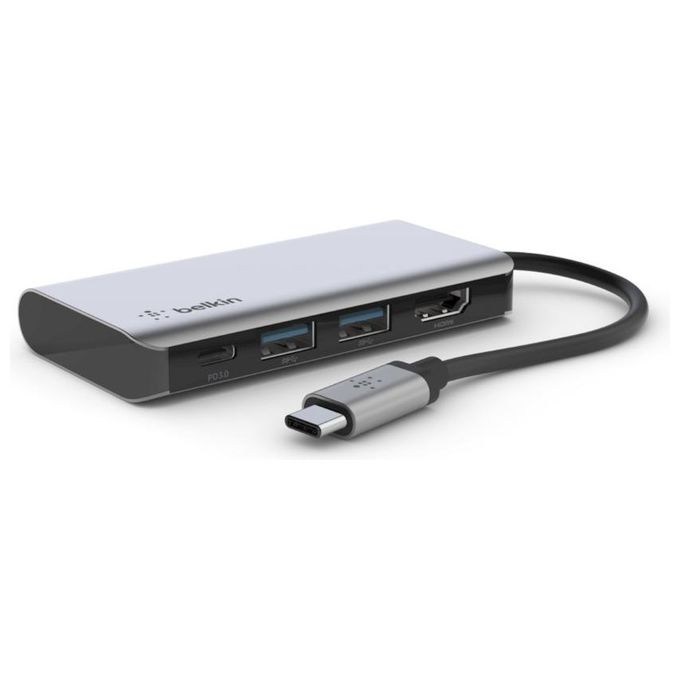 Belkin AVC006BTSGY Adattatore Multiporta 4 In 1 USB-C HDMI 4K USB 3.2 Gen 1 Type-A Type-C Alimentazione Fino a 100 W colore Argento