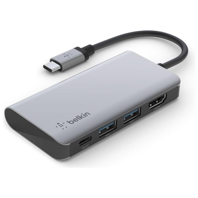 Belkin AVC006BTSGY Adattatore Multiporta 4 In 1 USB-C HDMI 4K USB 3.2 Gen 1 Type-A Type-C Alimentazione Fino a 100 W colore Argento