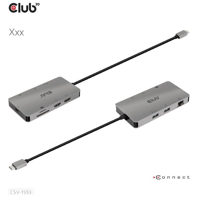 CLUB3D CSV-1593 Replicatore di Porte e Docking Station USB 3.2 Gen 1 Type-C con 2 HDMI 2 USB-A RJ45 SD Micro SD USB-C Femmina colore Metallico