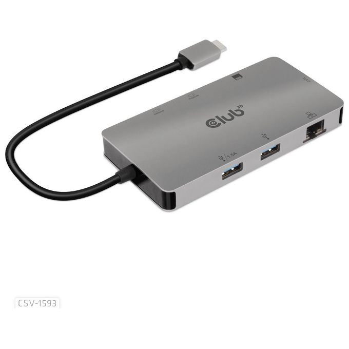 CLUB3D CSV-1593 Replicatore di Porte e Docking Station USB 3.2 Gen 1 Type-C con 2 HDMI 2 USB-A RJ45 SD Micro SD USB-C Femmina colore Metallico