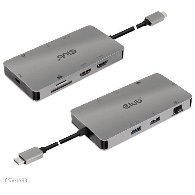 CLUB3D CSV-1593 Replicatore di Porte e Docking Station USB 3.2 Gen 1 Type-C con 2 HDMI 2 USB-A RJ45 SD Micro SD USB-C Femmina colore Metallico