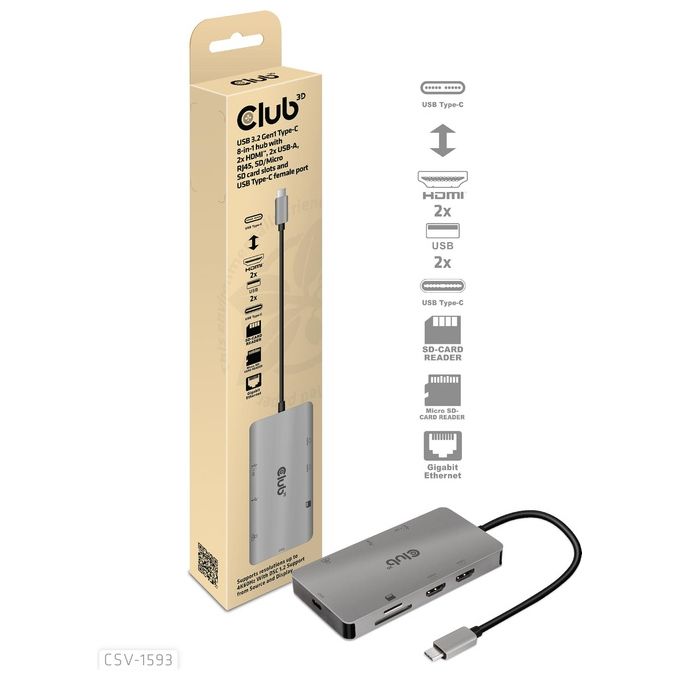 CLUB3D CSV-1593 Replicatore di Porte e Docking Station USB 3.2 Gen 1 Type-C con 2 HDMI 2 USB-A RJ45 SD Micro SD USB-C Femmina colore Metallico