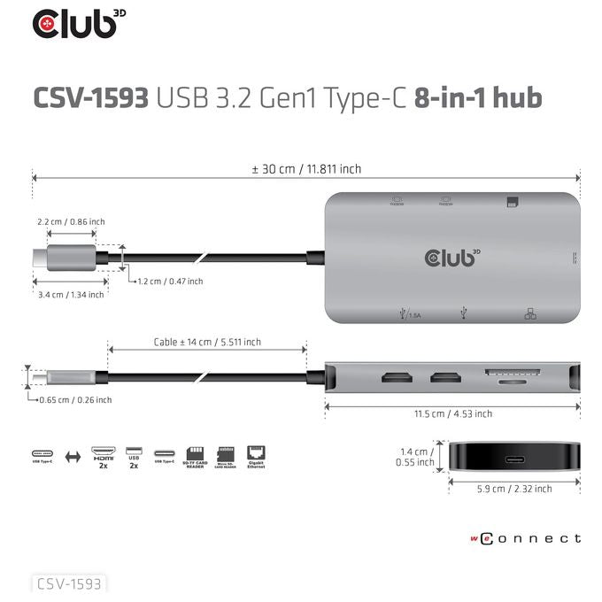 CLUB3D CSV-1593 Replicatore di Porte e Docking Station USB 3.2 Gen 1 Type-C con 2 HDMI 2 USB-A RJ45 SD Micro SD USB-C Femmina colore Metallico