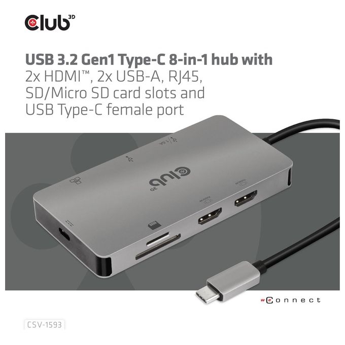 CLUB3D CSV-1593 Replicatore di Porte e Docking Station USB 3.2 Gen 1 Type-C con 2 HDMI 2 USB-A RJ45 SD Micro SD USB-C Femmina colore Metallico