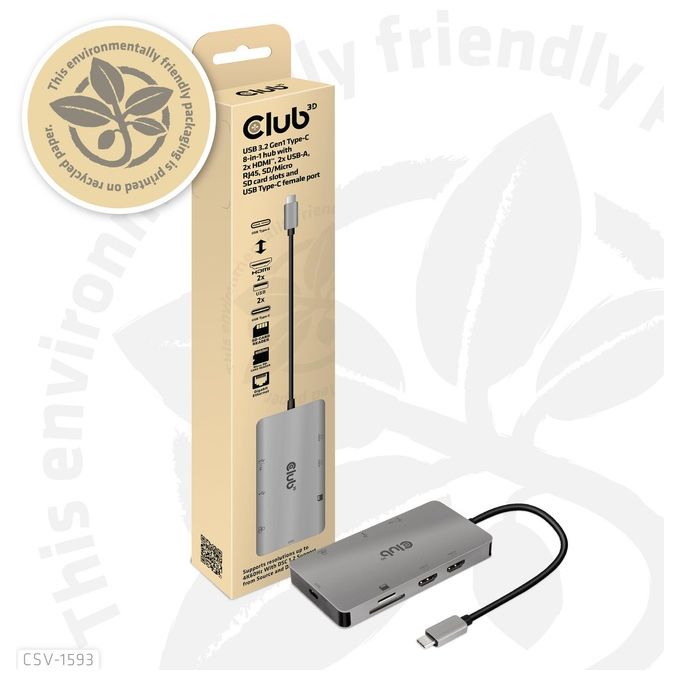 CLUB3D CSV-1593 Replicatore di Porte e Docking Station USB 3.2 Gen 1 Type-C con 2 HDMI 2 USB-A RJ45 SD Micro SD USB-C Femmina colore Metallico