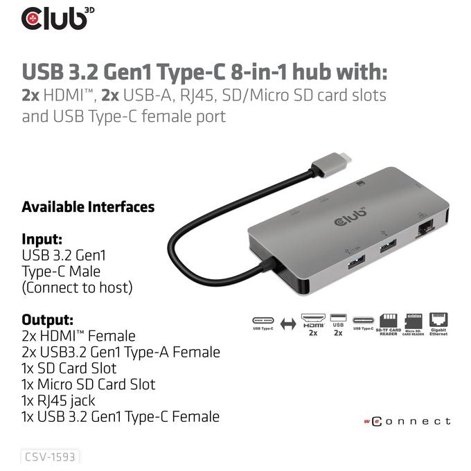 CLUB3D CSV-1593 Replicatore di Porte e Docking Station USB 3.2 Gen 1 Type-C con 2 HDMI 2 USB-A RJ45 SD Micro SD USB-C Femmina colore Metallico