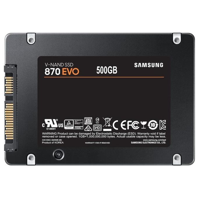 Samsung MZ-77E500B 870 EVO SSD Interno 2.5'' SATA III 500 GB 560 MB-s V-NAND MLC crittografia 256-bit AES colore Nero