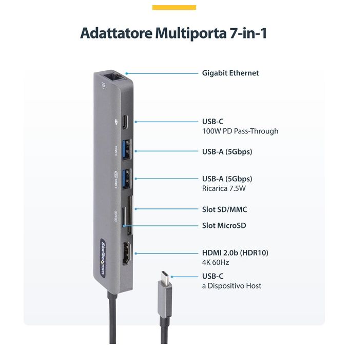 StarTech DKT30CHSDPD1 Adattatore Multiporta USB-C HDMI 2.0 4K 60Hz 100W Power Delivery Pass-through Slot SD MicroSD Hub USB 3.0 2 Porte colore Nero