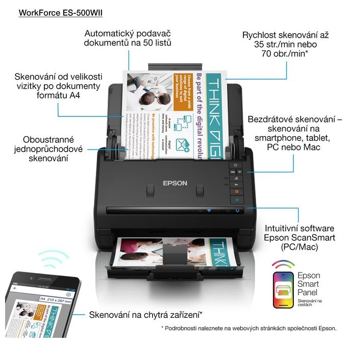 Epson B11B263401 WorkForce ES-500WII Scanner A4 Wi-Fi Fronte Retro Automatico 35 ppm ADF 50 fogli colore Nero