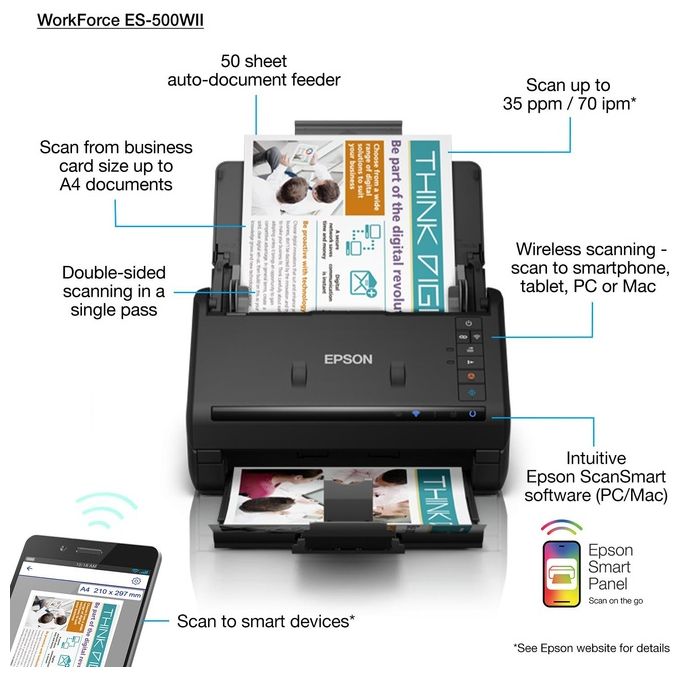 Epson B11B263401 WorkForce ES-500WII Scanner A4 Wi-Fi Fronte Retro Automatico 35 ppm ADF 50 fogli colore Nero