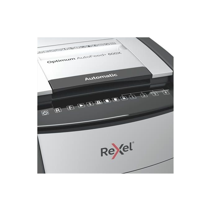 Rexel Optimum Auto Feed+ Distruggi Documenti Automatico 600 Fogli Taglio a Frammento Sicurezza P-4 Capacita' 110 Litri Cestino Removibile con Rotelle
