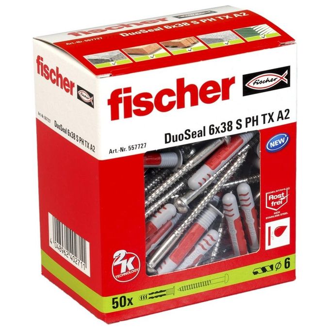 Fischer DuoSeal 6x38 S A2 Tasselli Sigillanti con Vite 50 Pezzi