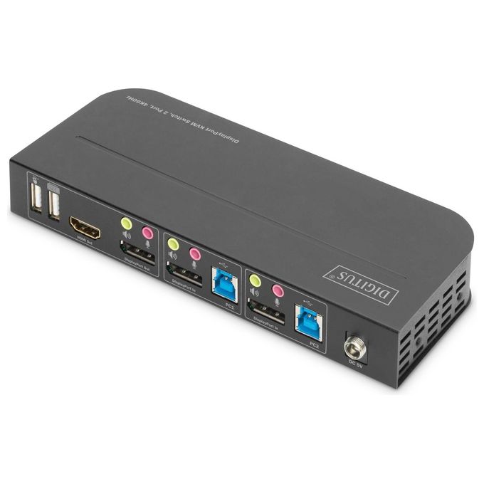 Digitus DS-12850 Switch KVM 2 Porte 4K 60Hz 2x DisplayPort In 1x DisplayPort HDMI Out USB 3.0 Hub Audio