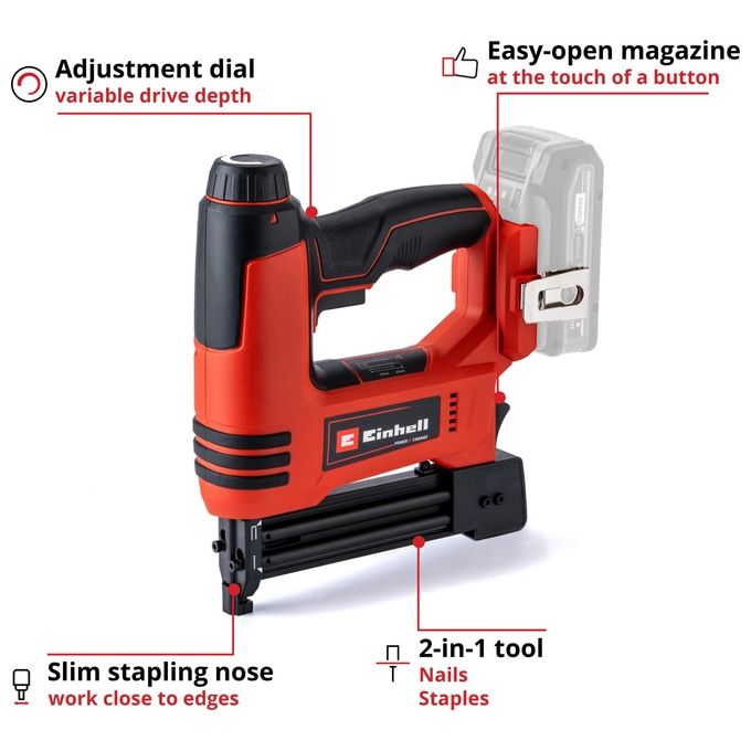 Einhell 4257790 TE-CN 18 Li - Solo Chiodatrice e Graffettatrice a Batteria 18 V Capacita' 300 pz Velocita' 20 colpi-min colore Nero Rosso