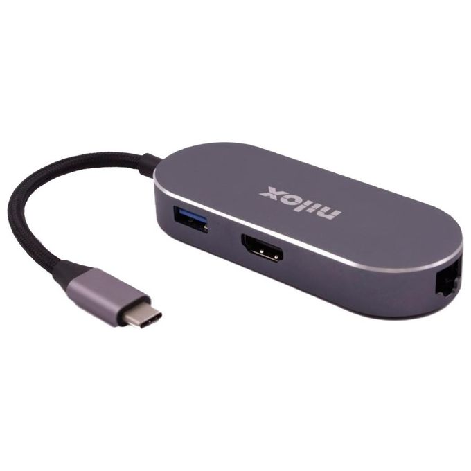 Nilox NXDSUSBC02 Mini Docking Station Type-C con HDMI 4K USB 3.2 Gen1 Ethernet Gigabit Ricarica PD 87W colore Grigio