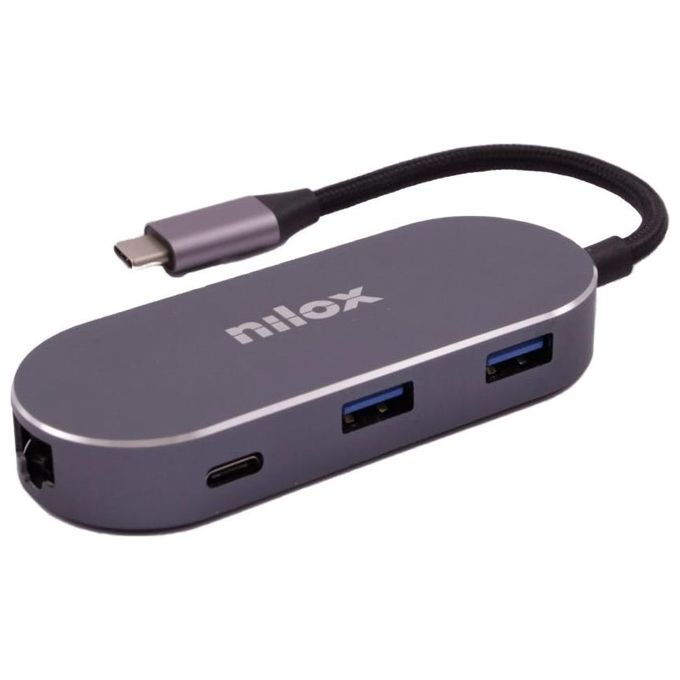 Nilox NXDSUSBC02 Mini Docking Station Type-C con HDMI 4K USB 3.2 Gen1 Ethernet Gigabit Ricarica PD 87W colore Grigio