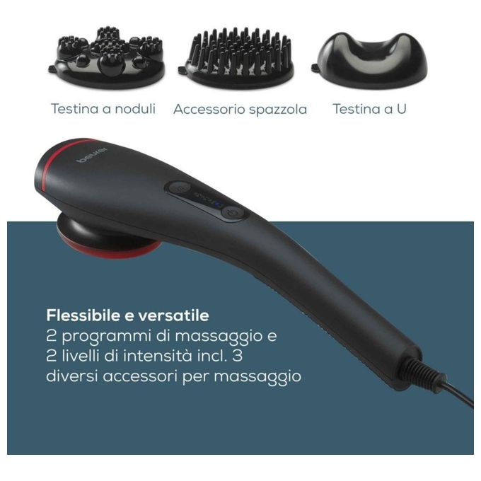 Beurer MG24 Massaggiatore a Mano con Funzione di Riscaldamento Opzionale 2 Livelli di Intensita' 3 Testine Intercambiabili colore Nero