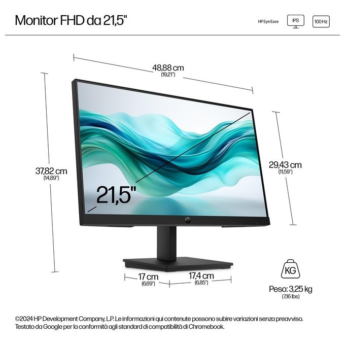 HP 322PF Serie 3 Pro Monitor PC 21,5'' Full HD IPS 1920x1080 100 Hz 5 ms HDMI DisplayPort VGA colore Nero
