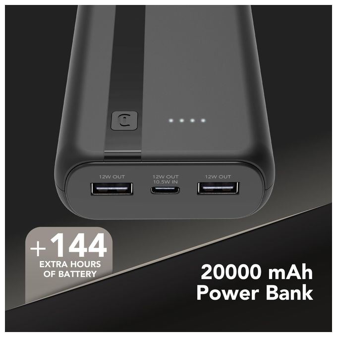 Cellularline PBENTRY20000K Power Bank 20000 mAh USB-C Input 10.5W 2 USB Output 12W Ioni di Litio LED colore Nero