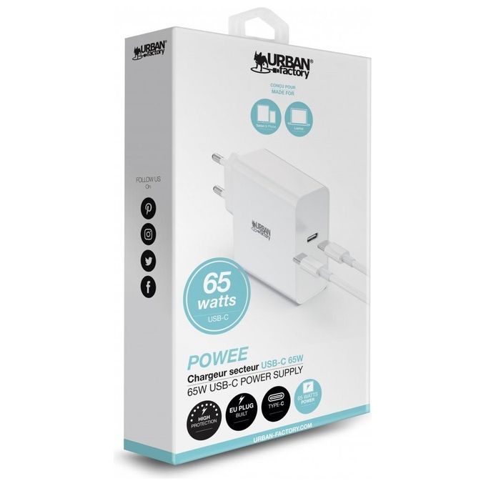 Urban Factory PSC65UF Powee Caricatore Interno Universale 65W USB Tipo C 2 m colore Bianco