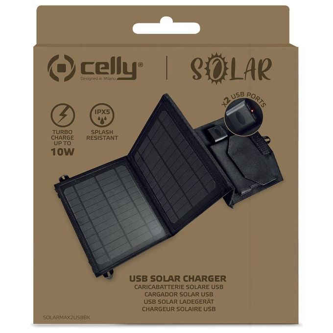 Celly SOLARMAX2USBBK Caricabatterie Solare Esterno 10W 2 Porte USB Fast Charging IPX5 colore Nero