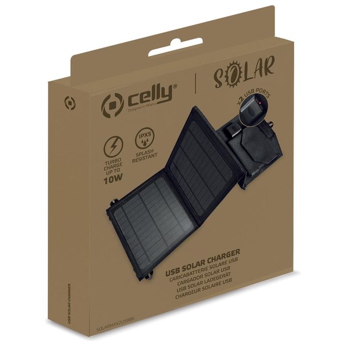 Celly SOLARMAX2USBBK Caricabatterie Solare Esterno 10W 2 Porte USB Fast Charging IPX5 colore Nero