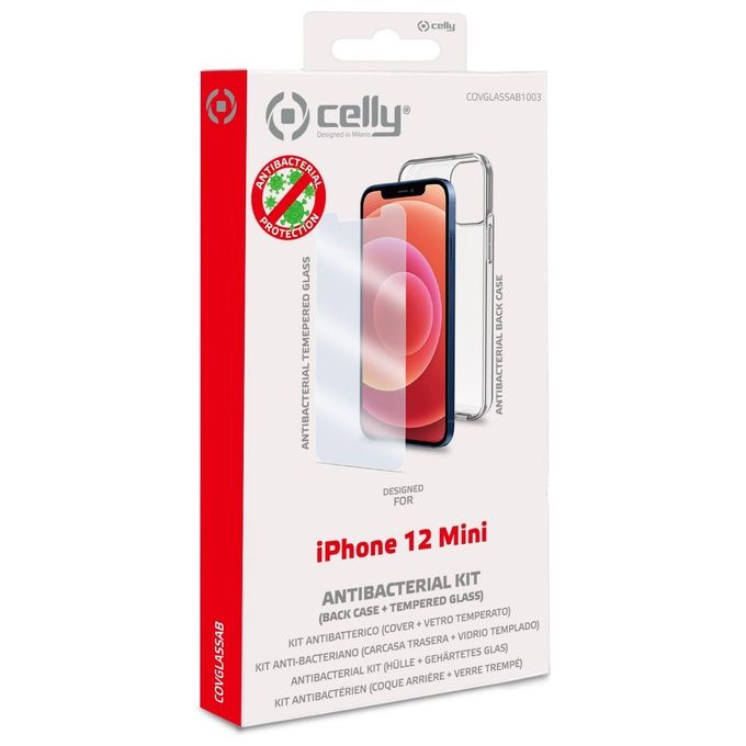 Celly Pack Antibatterico Custodia e Proteggi Schermo per iPhone 12 Mini