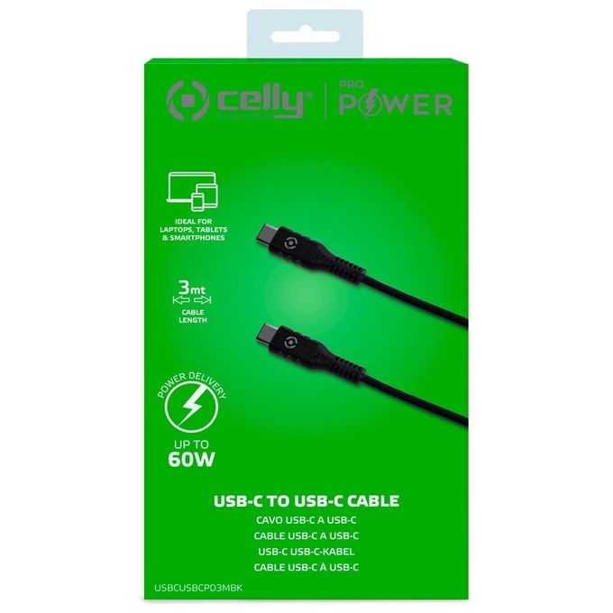 Celly USBCUSBCPD3MBK Cavo USB-C a USB-C Power Delivery 60W 3 m colore Nero