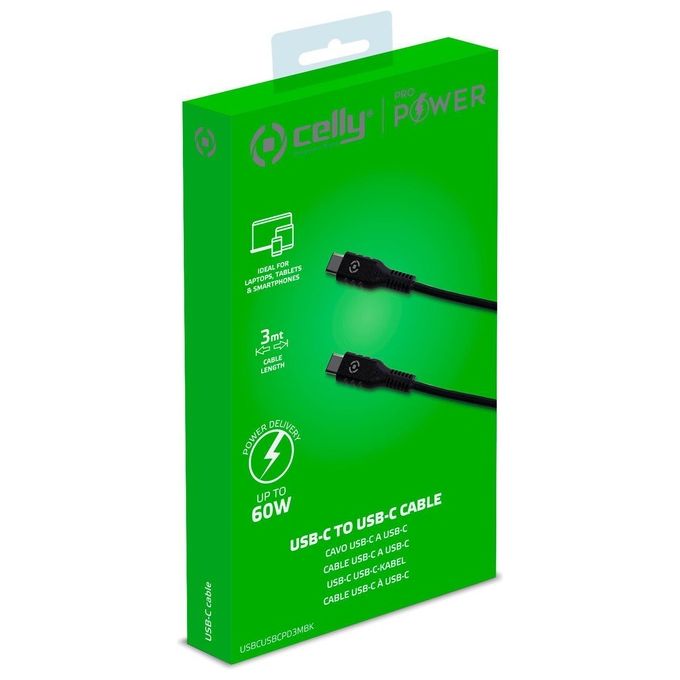Celly USBCUSBCPD3MBK Cavo USB-C a USB-C Power Delivery 60W 3 m colore Nero