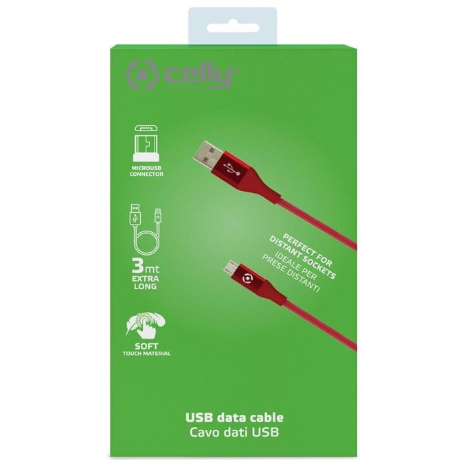 Celly USBMICROCOL3MRD Cavo USB A Micro-USB B 3 m Rivestimento in Silicone Soft Touch colore Rosso