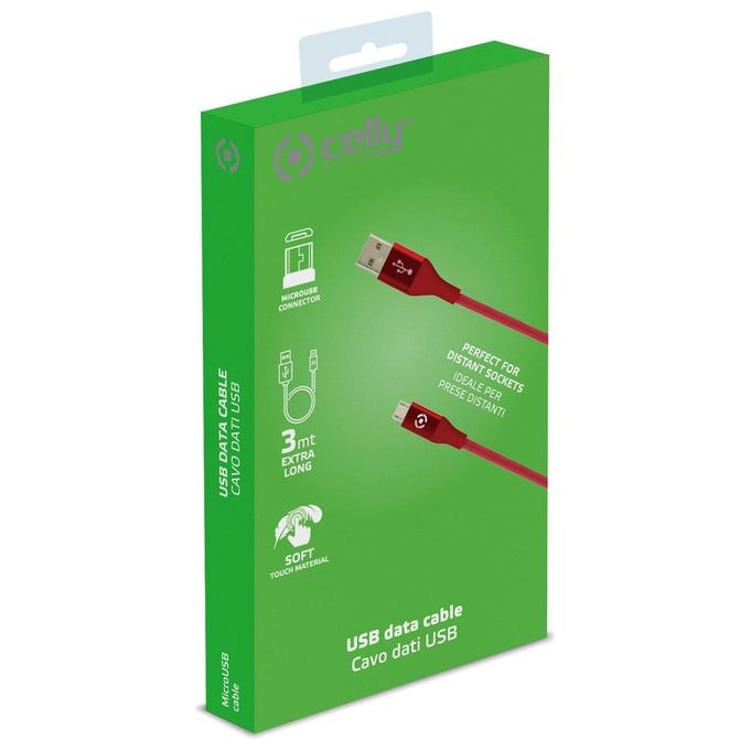 Celly USBMICROCOL3MRD Cavo USB A Micro-USB B 3 m Rivestimento in Silicone Soft Touch colore Rosso
