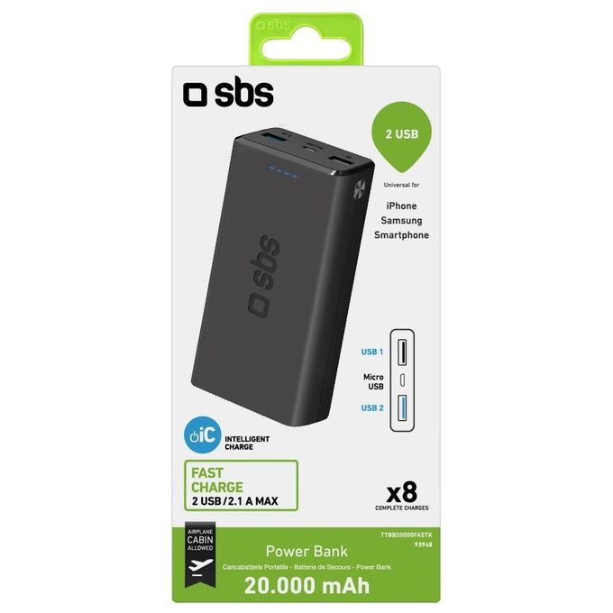 SBS TTBB20000FASTK Power Bank 20000mAh Fast Charge 10W Extra Slim USB-C Intelligent Charge colore Nero