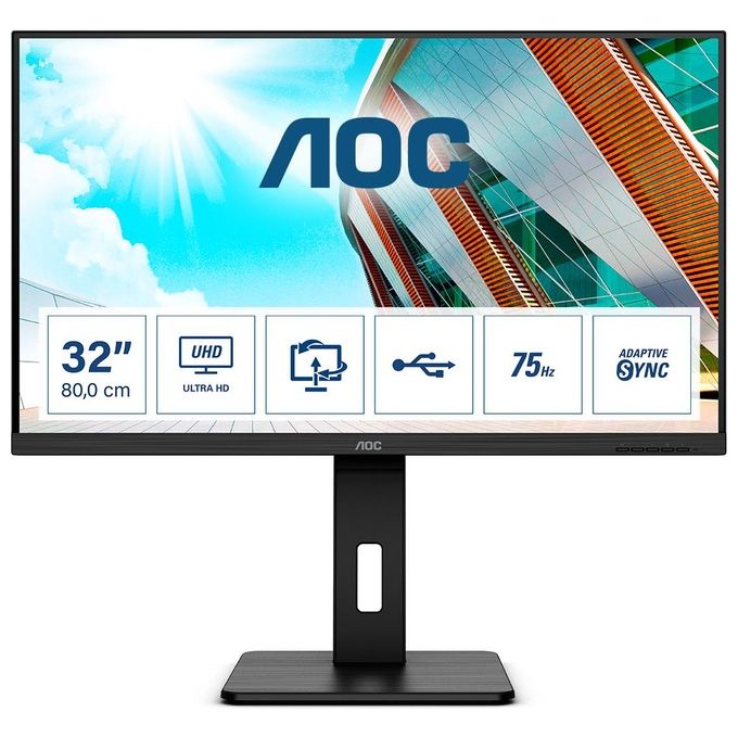 AOC U32P2 Monitor PC 31.5'' 4K Ultra HD VA LED 3840x2160 60 Hz Hub USB 3.2 HDMI 2.0 DisplayPort regolabile colore Nero
