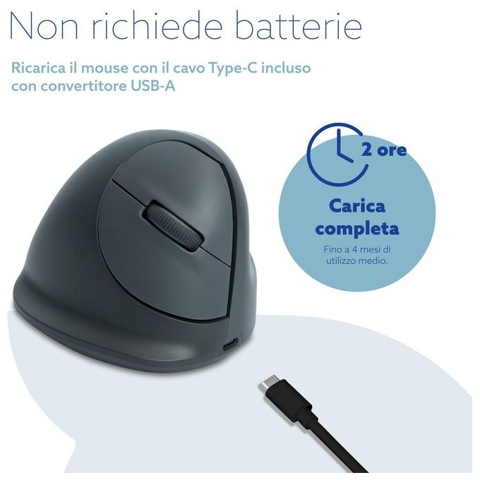 R Go Tools RGOHEBAMRWL R-Go HE Basic Mouse Ergonomico Senza Fili Bluetooth 5.0 Ricaricabile 1600 DPI Design Verticale per Destrimani colore Grigio