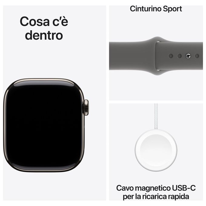Apple MWXD3QL-A Apple Watch Serie 10 GPS + Cellular Cassa in Titanio 42mm con Cinturino Sportivo Grigio Pietra colore Titanio