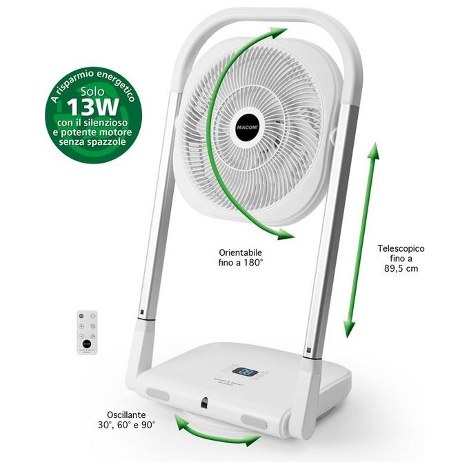 Macom 986 Slimmy Ventilatore a Piantana Pieghevole 9 Velocita' 13W Timer 8h Telecomando colore Bianco