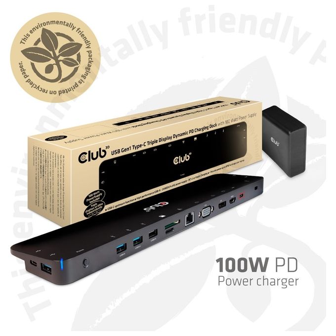Club3D CSV-1564W100 Docking Station USB Type C 3.2 Gen1 Triple Display con Ricarica PD 100W HDMI DisplayPort VGA Ethernet Gigabit Lettore SD Micro SD colore Nero