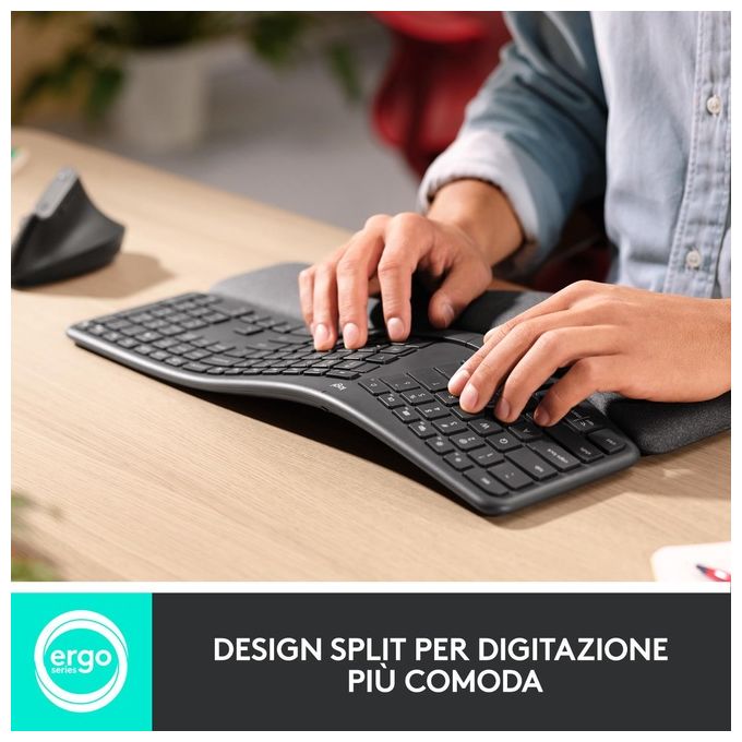 Logitech ERGO K860 Tastiera Ergonomica Wireless Split QWERTY Layout Italiano Bluetooth 2.4 GHz Supporto Polsi colore Grafite